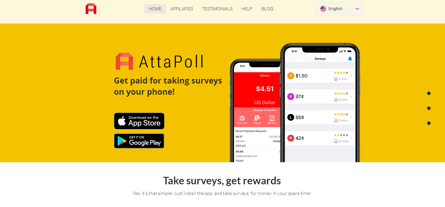 Shows a screenshot image example of AttaPolls sign up options, with it’s available installation options being the App Store and Google Play Store