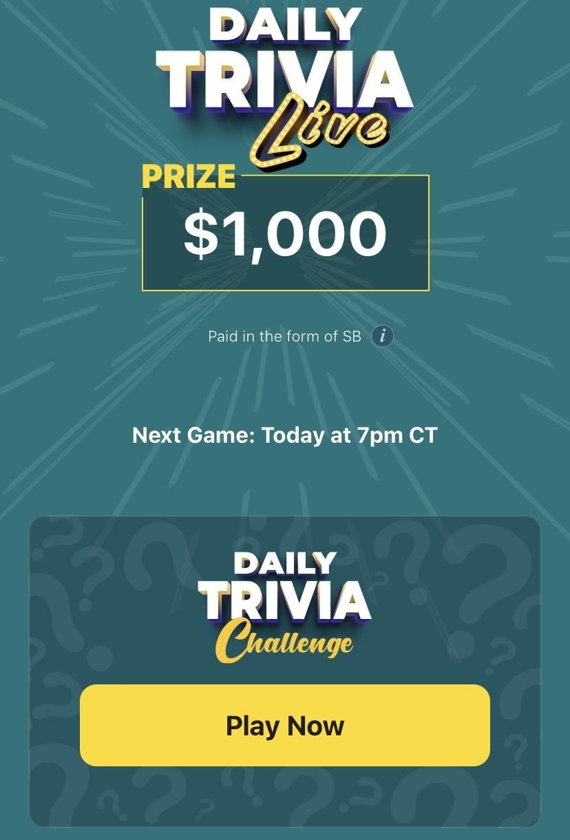 An example image screenshot of Swagbucks LIVE app where it shows the daily trivia live prize pool of 1,000$, that’s paid in SB and the daily trivia challenge