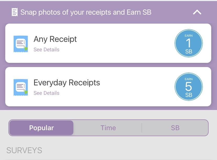 An example image screenshot of Swagbucks mobile app, Swagbucks ANSWER, where it shows you can snap photos of any receipts with it, everyday receipts and even a survey option