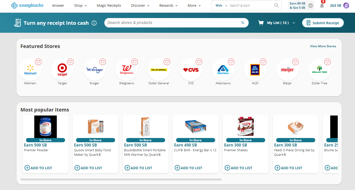 An example image screenshot of Swagbucks Magic Receipts where it shows you that you can earn cash back on your purchases, but in the form of SB