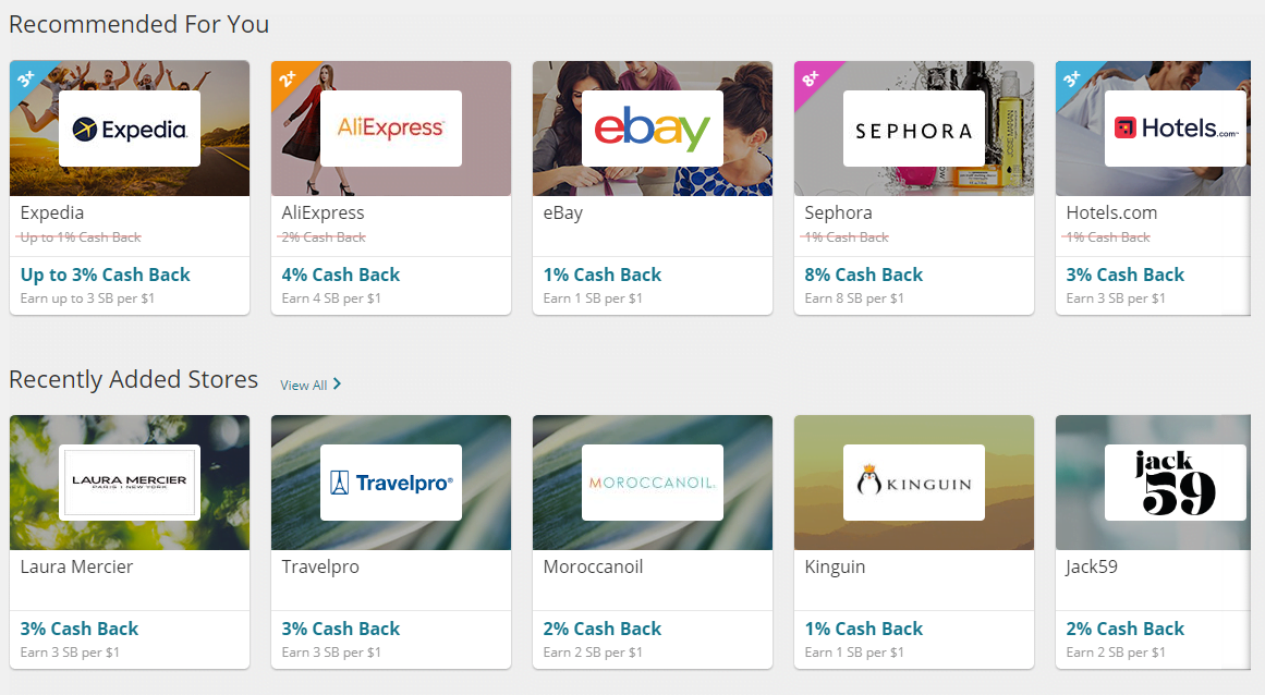 An example image screenshot showing  shopping options you can pick for cashback on Swagbucks