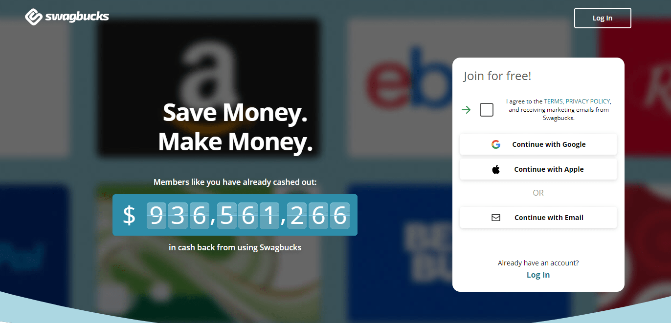 An example image screenshot that shows the Swagbucks sign up page, with it saying that you can save money, whilst even mentioning that you can save money 