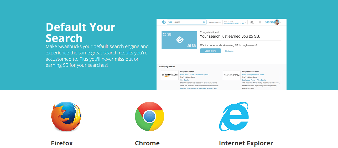 An example image screenshot of search engines such as Firefox, Chrome, and Internet Explorer that can accommodate the Swagbucks search engine extension 